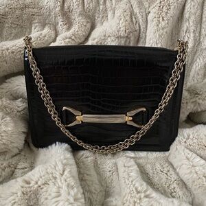 Vintage Bienen Davis Black Embossed Leather Handbag Chain Strap